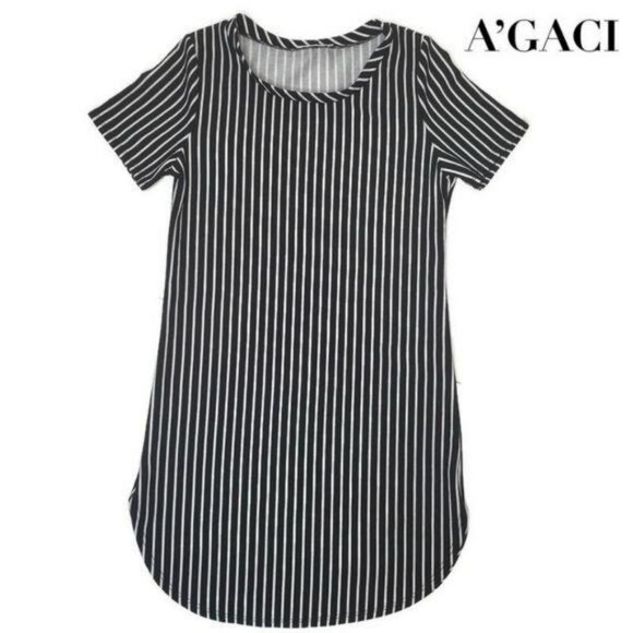 AGaci Black & White Striped Short Sleeve T-Shirt Dress casual comfortable no tag - Picture 2 of 7